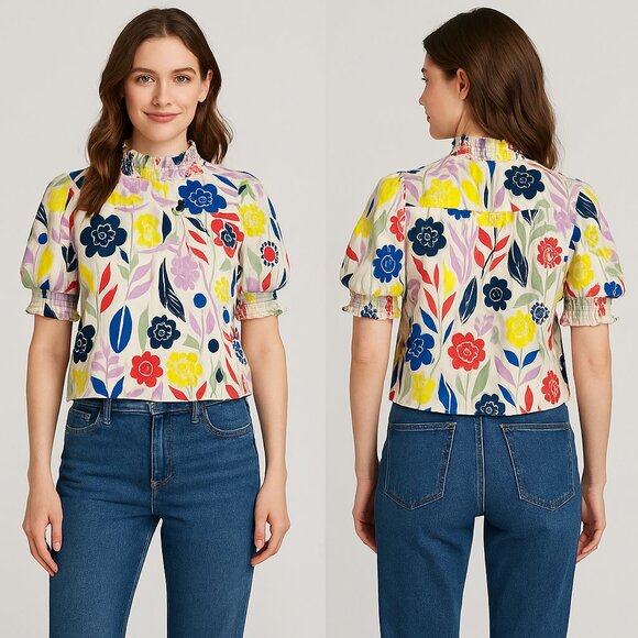 Like New Karlie Multicolor Floral Ruffle Puff Sleeve Blouse – Size Large - Picture 1 of 9